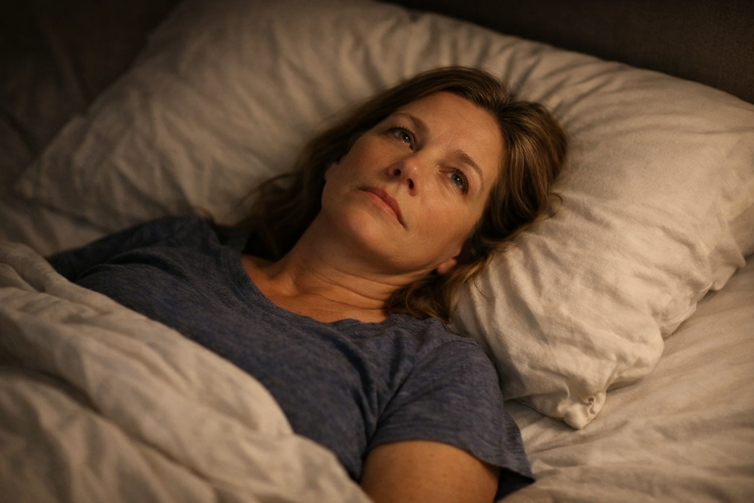 Woman in her 40s lying awake in bed at night